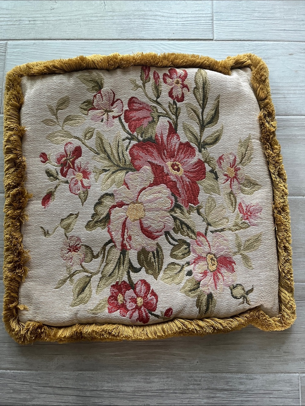 IOSIS Paris Yves Delorme tapestry floral jacquard pillow cover brush fringe 19”